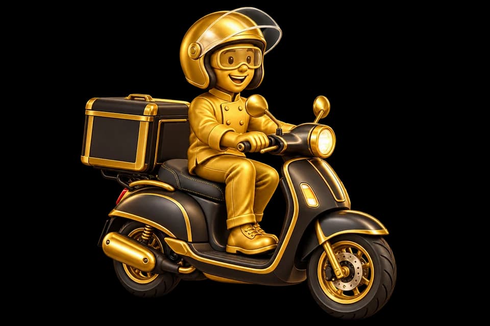 Golden chef mascot on a delivery scooter
